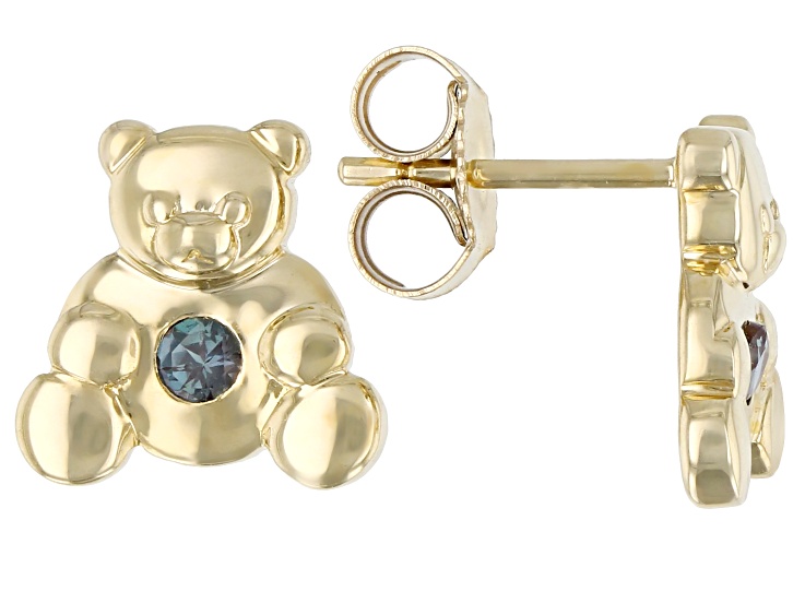 Blue Lab Created Alexandrite 10k Yellow Gold Childrens Teddy Bear Stud  Earrings .07ctw - CWP099B