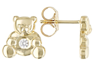 White Zircon 10k Yellow Gold Children's Teddy Bear Stud Earrings .10ctw