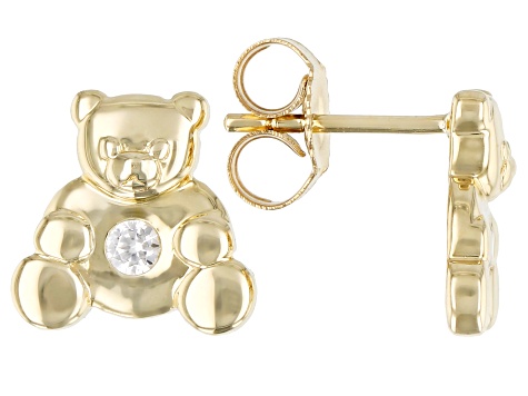 White Zircon 10k Yellow Gold Children's Teddy Bear Stud Earrings .10ctw