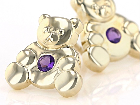 Purple African Amethyst 10k Yellow Gold Childrens Teddy Bear Stud Earrings .07ctw