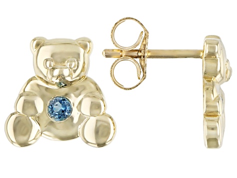 London Blue Topaz 10k Yellow Gold Childrens Teddy Bear Stud Earrings .07ctw