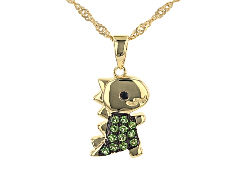Green Chrome Diopside 18k Yellow Gold Over Silver Childrens Dinosaur Pendant with Chain 0.11ctw