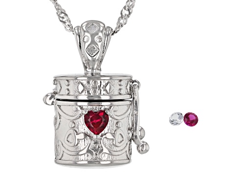 Red Lab Created Ruby Rhodium Over Silver Childrens Prayer Box Pendant Chain 0.18ctw