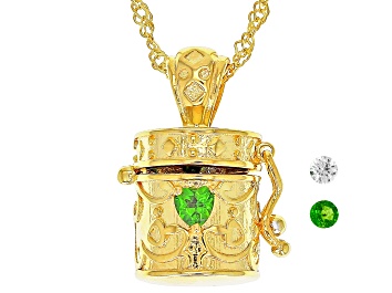 Picture of Green Chrome Diopside & Lab Sapphire 18k Gold Over Silver Children's Prayer Box Pendant Chain .18ctw