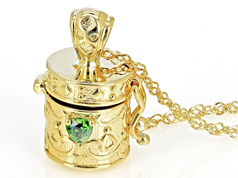Green Chrome Diopside & Lab Sapphire 18k Gold Over Silver Children's Prayer Box Pendant Chain .18ctw