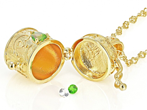 Green Chrome Diopside & Lab Sapphire 18k Gold Over Silver Children's Prayer Box Pendant Chain .18ctw