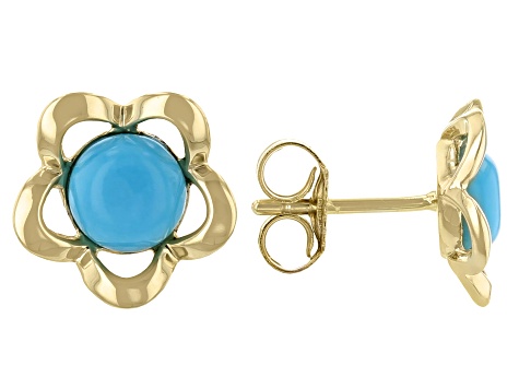 Blue Turquoise 10k Yellow Gold Childrens Flower Stud Earrings