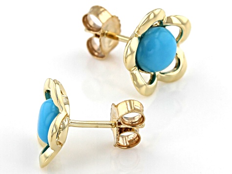 Blue Turquoise 10k Yellow Gold Childrens Flower Stud Earrings