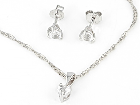 White Lab Created Sapphire Rhodium Over Silver Childrens Pendant With Chain & Earrings Set 0.90ctw