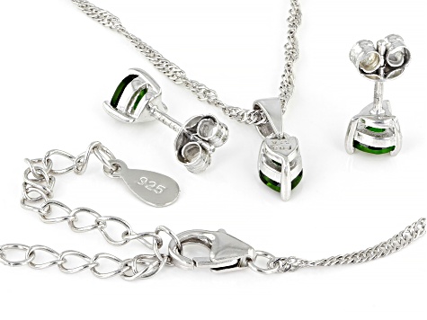 Green Chrome Diopside Rhodium Over Silver Childrens Pendant With Chain And Earrings Set 0.77ctw