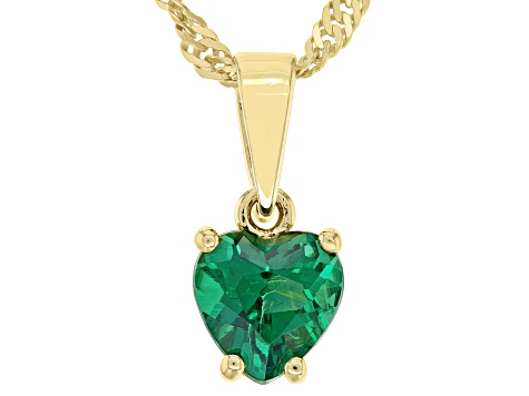 Green Lab Emerald 18k Yellow Gold Over Silver Childrens Birthstone Pendant With Chain 0.55ct