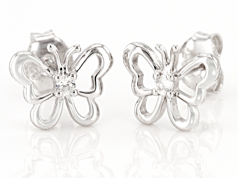 White Zircon Rhodium Over Sterling Silver Childrens Butterfly Stud Earrings .10ctw