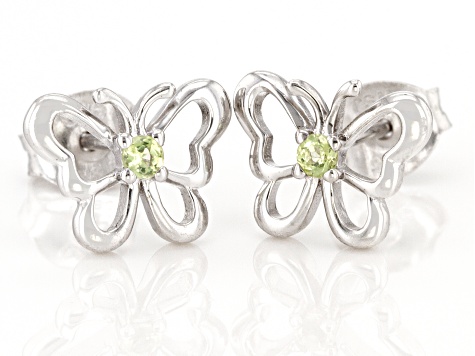 Green Peridot Rhodium Over Sterling Silver Childrens Butterfly Stud Earrings .07ctw