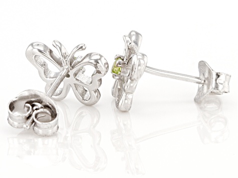 Green Peridot Rhodium Over Sterling Silver Childrens Butterfly Stud Earrings .07ctw