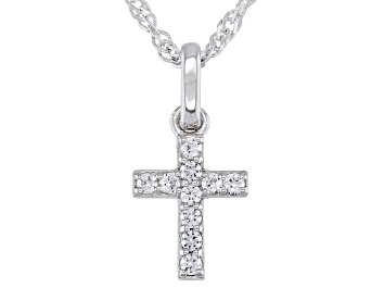 Picture of White Lab Created Sapphire Rhodium Over Silver Childrens Cross Pendant With Chain 0.17ctw