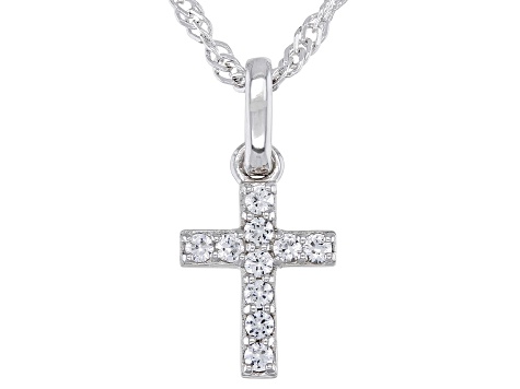 White Lab Created Sapphire Rhodium Over Silver Childrens Cross Pendant With Chain 0.17ctw