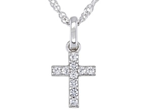 White Lab Created Sapphire Rhodium Over Silver Children's Cross Pendant With Chain 0.17ctw