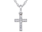 White Lab Created Sapphire Rhodium Over Silver Childrens Cross Pendant With Chain 0.17ctw