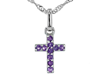 Picture of Purple Amethyst Rhodium Over Silver Childrens Cross Pendant With Chain 0.12ctw