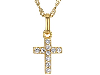 Picture of White Lab Created Sapphire 18k Yellow Gold Over Silver Childrens Cross Pendant With Chain