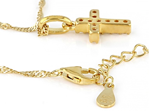 White Lab Created Sapphire 18k Yellow Gold Over Silver Childrens Cross Pendant With Chain