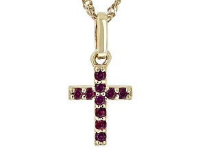 Red Lab Created Ruby 18k Yellow Gold Over Silver Children's Cross Pendant with Chain .17ctw