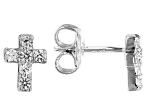 White Lab Created Sapphire Rhodium Over Silver Childrens Cross Earrings .20ctw