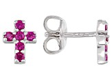 Red Lab Created Ruby Rhodium Over Sterling Silver Childrens Cross Earrings .30ctw