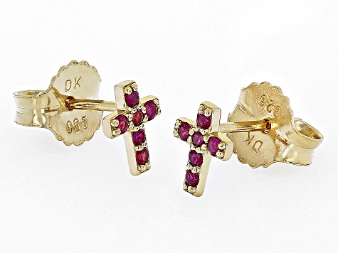 Red Lab Created Ruby 18k Yellow Gold Over Sterling Silver Children's Cross Earrings .24ctw