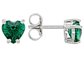 Green Heart Shape Lab Created Emerald Rhodium Over Silver Children's Birthstone Earrings 0.68ctw