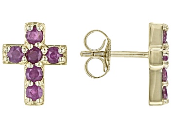 Picture of Red Ruby 10k Yellow Gold Childrens Cross Stud Earrings 0.54ctw
