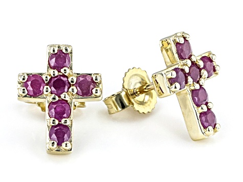 Red Ruby 10k Yellow Gold Childrens Cross Stud Earrings 0.54ctw