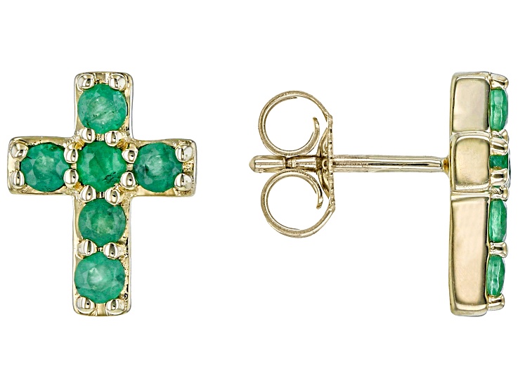 Green Emerald 10k Yellow Gold Childrens Cross Stud Earrings 0.28ctw