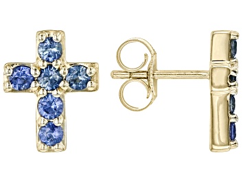 Picture of Blue Sapphire 10k Yellow Gold Childrens Cross Stud Earrings 0.38ctw