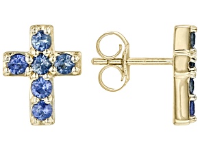 Blue Sapphire 10k Yellow Gold Children's Cross Stud Earrings 0.38ctw