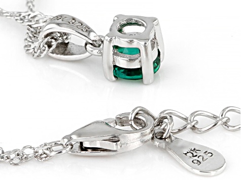 Green Lab Created Emerald Rhodium Over Silver Childrens Birthstone Pendant with Chain 0.23ct