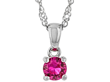 Picture of Red Lab Created Ruby Rhodium Over Sterling Silver Childrens Birthstone Pendant with Chain 0.23ct