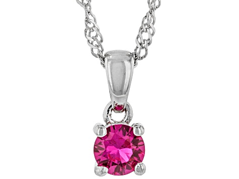 Red Lab Created Ruby Rhodium Over Sterling Silver Childrens Birthstone Pendant with Chain 0.23ct