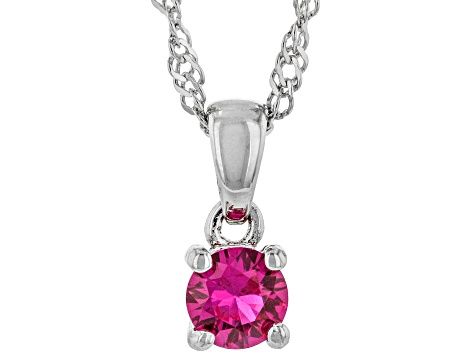 Red Lab Created Ruby Rhodium Over Sterling Silver Childrens Birthstone Pendant with Chain 0.23ct