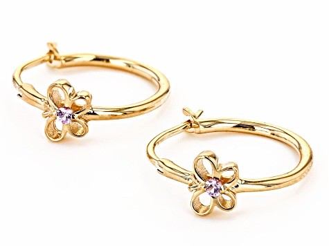 Pink Sapphire 10K Yellow Gold Butterfly Hoop Childrens Earring