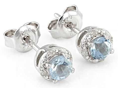 Blue Aquamarine Rhodium Over Sterling Silver Childrens Birthstone Halo Stud Earrings .44ctw