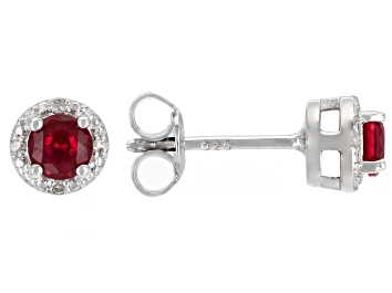 Picture of Red Lab Created Ruby Rhodium Over Sterling Silver Childrens Birthstone Halo Stud Earrings .62ctw