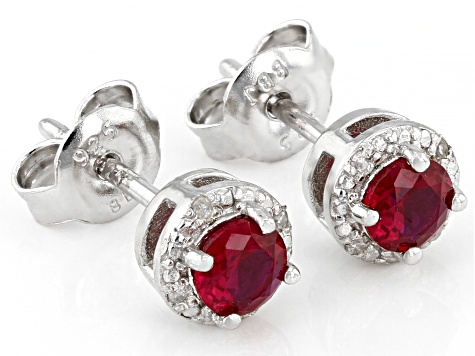 Red Lab Created Ruby Rhodium Over Sterling Silver Childrens Birthstone Halo Stud Earrings .62ctw