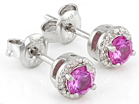 Pink Lab Created Sapphire Rhodium Over Sterling Silver Childrens Earrings .64ctw