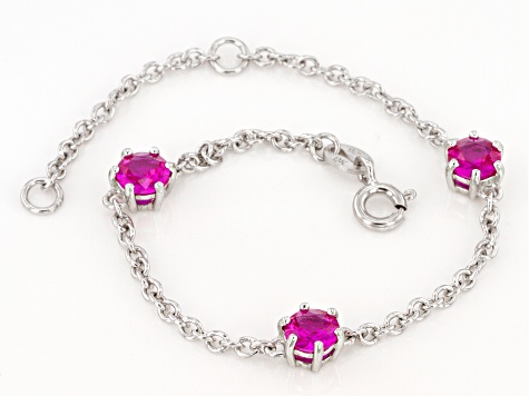 Pink Lab Created Sapphire Rhodium Over Sterling Silver Childrens Bracelet 1.50ctw