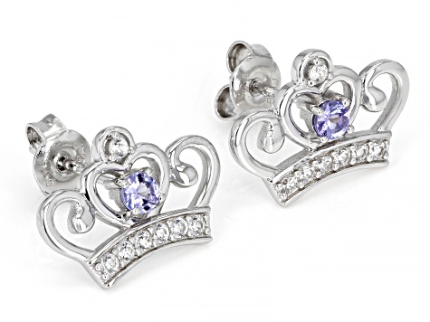 Blue Tanzanite Rhodium Over Sterling Silver Childrens Crown Earrings .48ctw