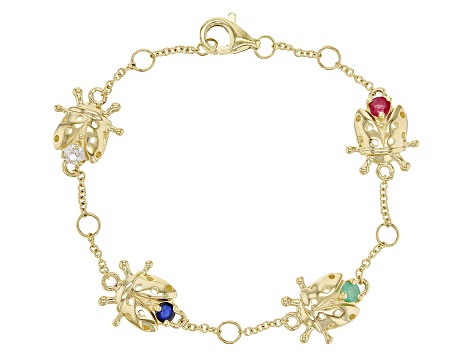 Multi Gem 10k Yellow Gold Lady Bug Childrens Bracelet 0.31ctw