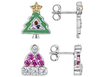 Picture of Red Lab Ruby Rhodium Over Silver Santa Hat & Christmas Tree Childrens Earrings Set of 2 0.86ctw