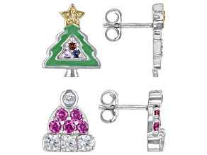 Red Lab Ruby Rhodium Over Silver Santa Hat & Christmas Tree Children's Earrings Set of 2 0.86ctw