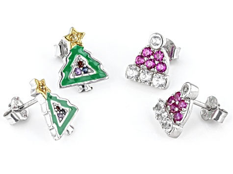 Red Lab Ruby Rhodium Over Silver Santa Hat & Christmas Tree Childrens Earrings Set of 2 0.86ctw